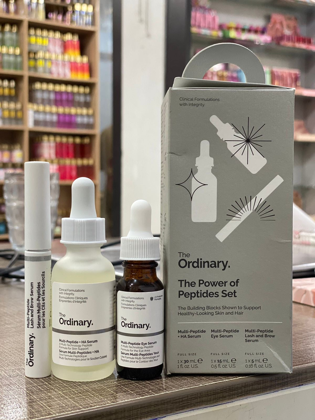 The Ordinary Power of Peptides set of 3 items. Including: Multipeptide Serum + Hyaluronic acid,  Multipeptide Eye Serum, Multipeptide Brow and Lash serum with Packaging Box Included.