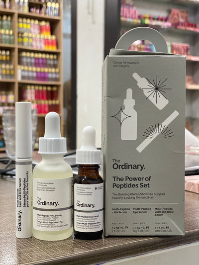 The Ordinary Power of Peptides set of 3 items. Including: Multipeptide Serum + Hyaluronic acid,  Multipeptide Eye Serum, Multipeptide Brow and Lash serum with Packaging Box Included.